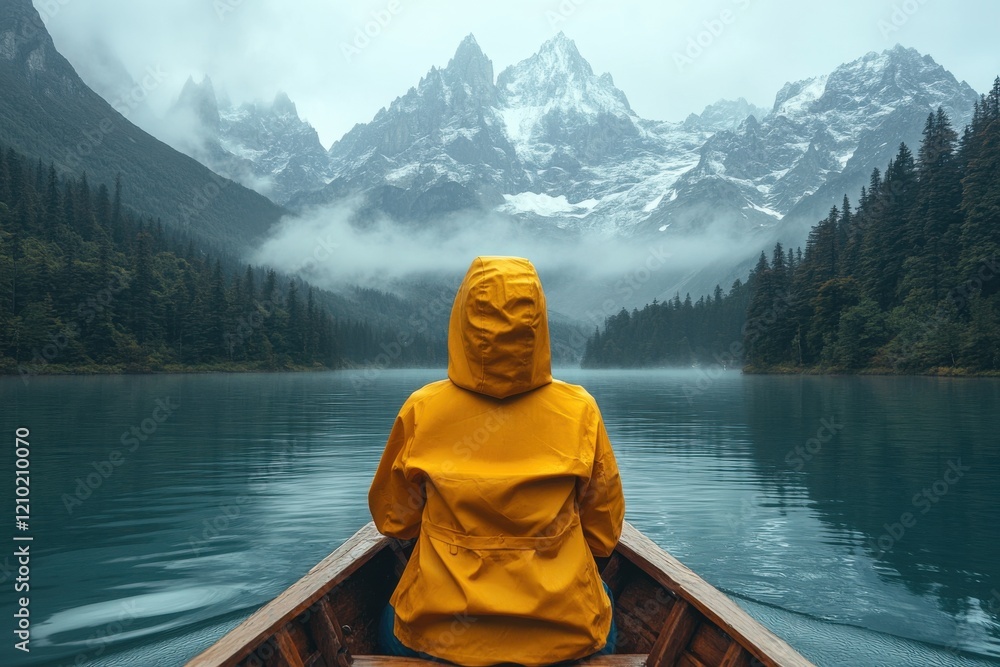 Exploring a tranquil lake surrounded by mountains on a misty day while wearing a bright yellow raincoat