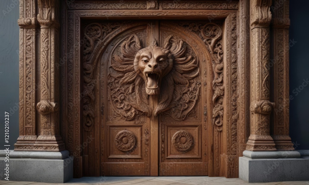 Ancient wooden doorframe with an intricate carving of a mystical creature, carvings, wooden doorframe Ancient wooden doorframe with an intricate carving of a mystical creature, carvings, wooden doorframe