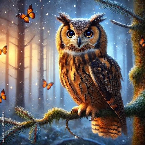 Owl wise perched on a branch observantly A nocturnal bird with l photo