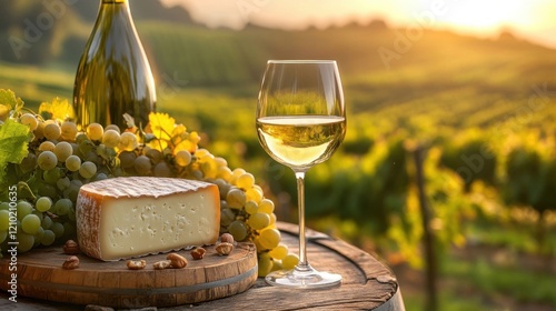 Emmental Cheese and Chardonnay Wine with Grapes at Sunset Vineyard