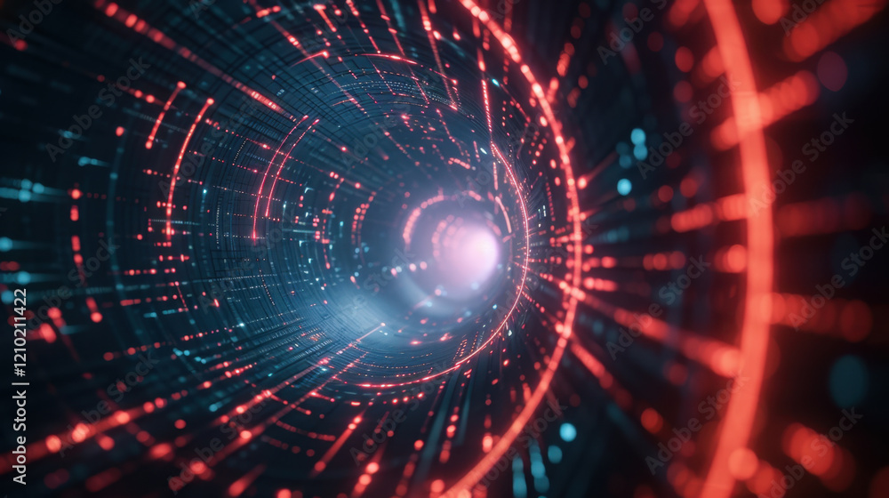 Obraz premium mesmerizing digital tunnel with glowing red and blue particles swirling around, creating sense of depth and motion. vibrant colors evoke futuristic atmosphere