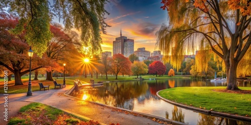 Fall foliage in Boston Public Garden at sunset, warm light filtering through trees