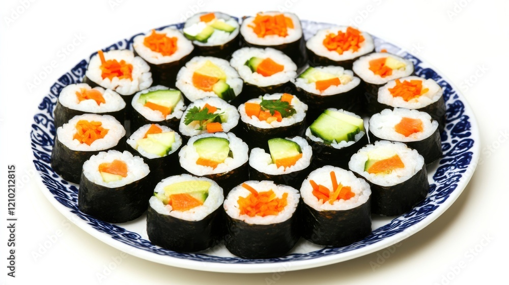A colorful plate of vegetable sushi rolls with avocado, cucumber, and carrot A colorful plate of vegetable sushi rolls with avocado, cucumber, and carrot