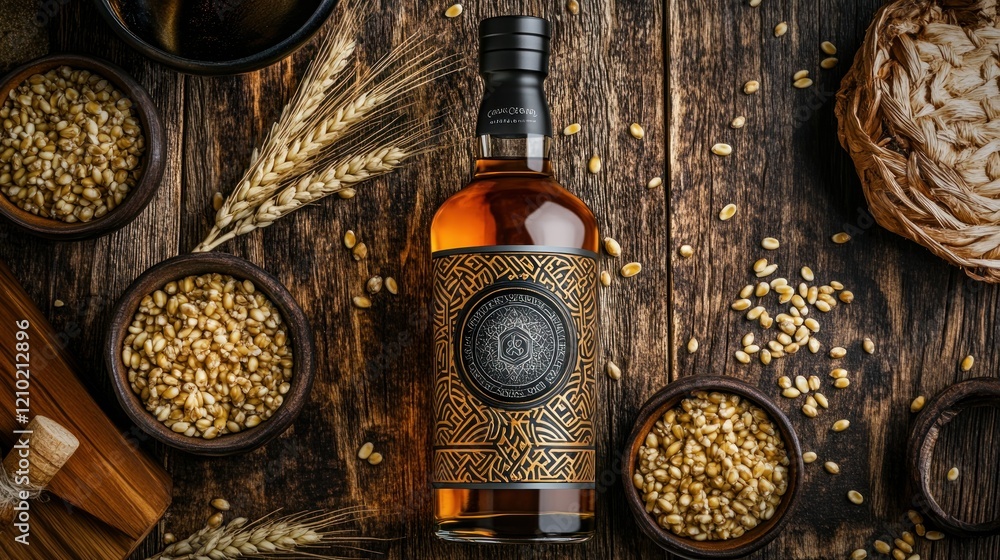 Whisky Bottle with Wheat Grains on Wooden Table Whisky Bottle with Wheat Grains on Wooden Table