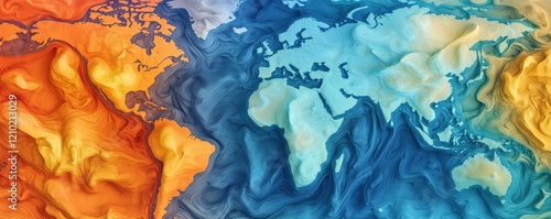 climate change global warming policy concept. Colorful world map illustration showcasing vibrant oceans and continents in swirling textures.