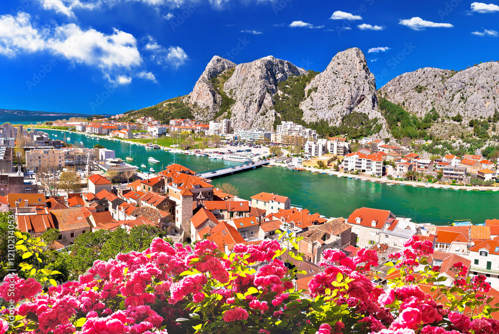 Town of Omis and Cetina river mouth panoramic view
