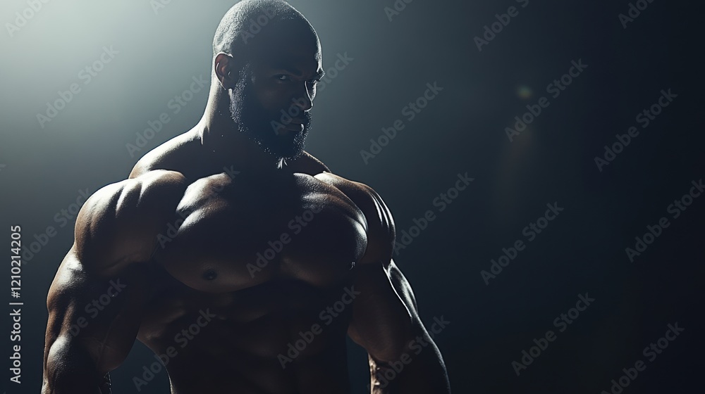 Muscular athlete posing in dramatic lighting during competition Muscular athlete posing in dramatic lighting during competition