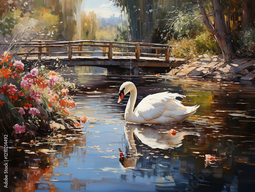 Fototapeta Naklejka Na Ścianę i Meble -  White swan on the lake, watercolor background art