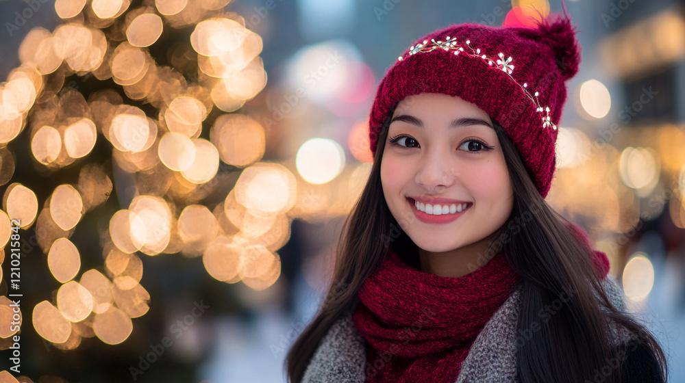 Young woman smiling in a festive setting with holiday lights during winter Young woman smiling in a festive setting with holiday lights during winter
