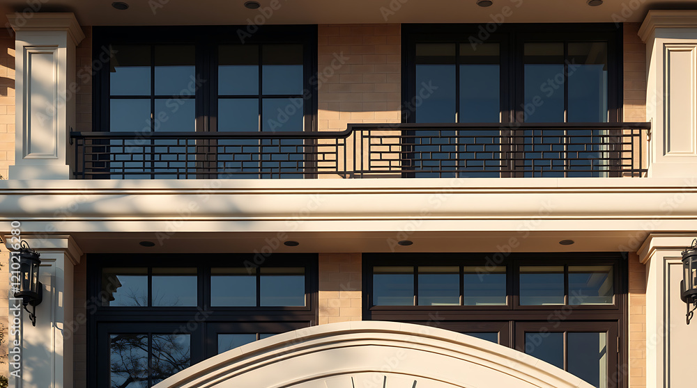 Obraz premium Elegant Brick Building Exterior with Balcony and Classic Design. Modern Residential Architecture, Luxury Real Estate, City Home, Townhouse Facade