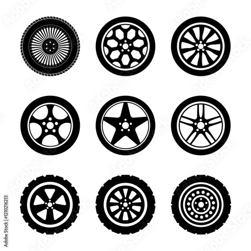 Set of Wheels Vector Illustration. Each design represents a distinct style of car rims and tires, ranging from intricate spoke patterns to rugged off-road tire treads.