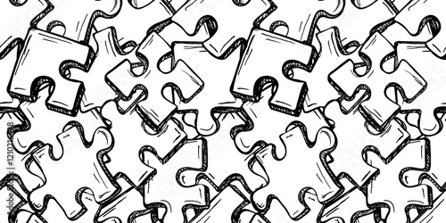 Black and white seamless puzzle pattern. Trendy print with hand drawn pieces of puzzle