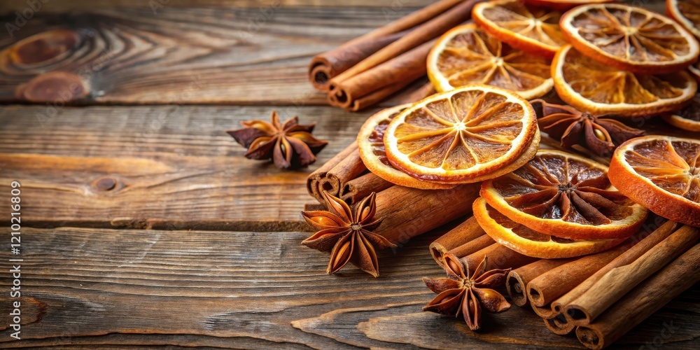 Aromatic Cinnamon Sticks and Dried Orange Slices on Rustic Wooden Surface Aromatic Cinnamon Sticks and Dried Orange Slices on Rustic Wooden Surface