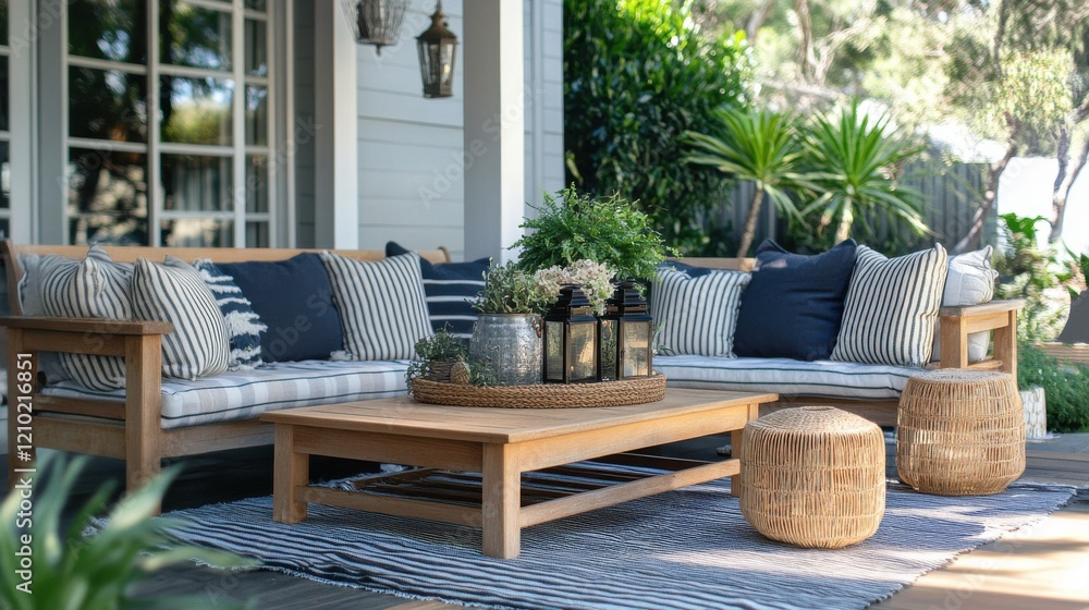 Seaside patio with wooden furniture and cozy seating for relaxation on a sunny day Seaside patio with wooden furniture and cozy seating for relaxation on a sunny day