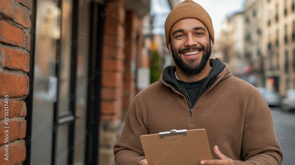 Friendly delivery worker gripping clipboard, smiling while verifying package in city street environment Friendly delivery worker gripping clipboard, smiling while verifying package in city street environment