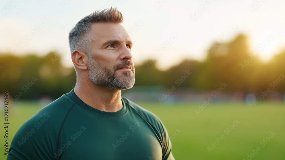 Confident rugby coach standing sideways during match break, blurred playing field behind professional leader in athletic environment Confident rugby coach standing sideways during match break, blurred playing field behind professional leader in athletic environment