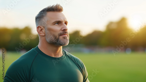 Confident rugby coach standing sideways during match break, blurred playing field behind professional leader in athletic environment