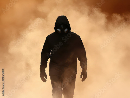 person in gas mask walking through foggy environment, creating mysterious atmosphere. silhouette adds to intrigue of scene photo