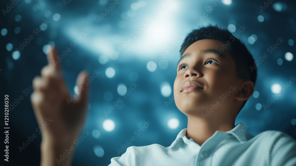 Young student interacting with astronomy learning software, touching virtual celestial bodies in an immersive educational experience Young student interacting with astronomy learning software, touching virtual celestial bodies in an immersive educational experience