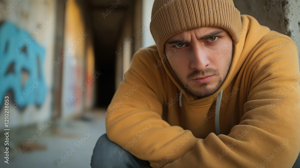 Obraz premium Portrait of a serious young man wearing a hoodie and a beanie sitting in an abandoned building with graffiti on the wall