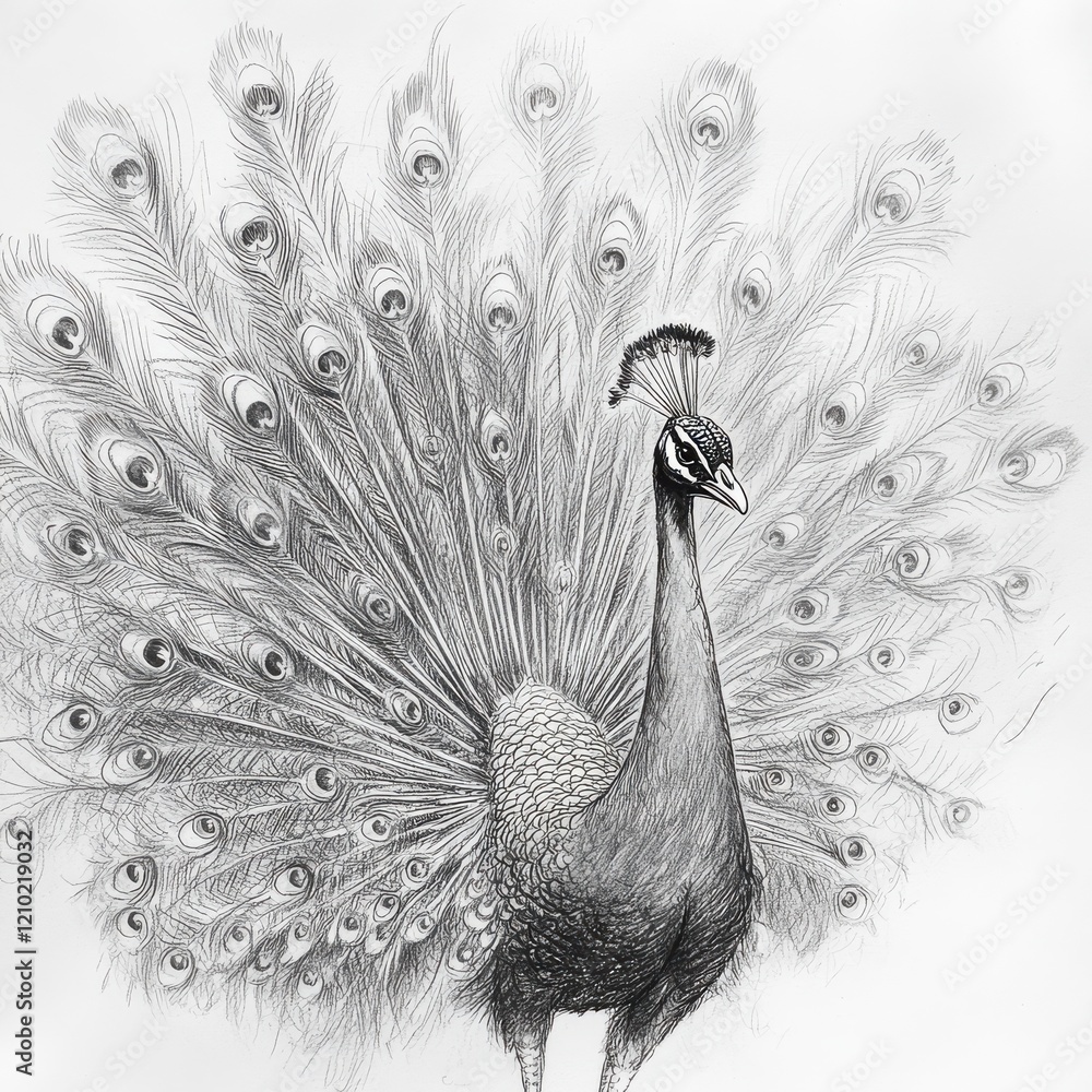 Obraz premium Peacock displays vibrant tail feathers in full fanned glory at a serene garden