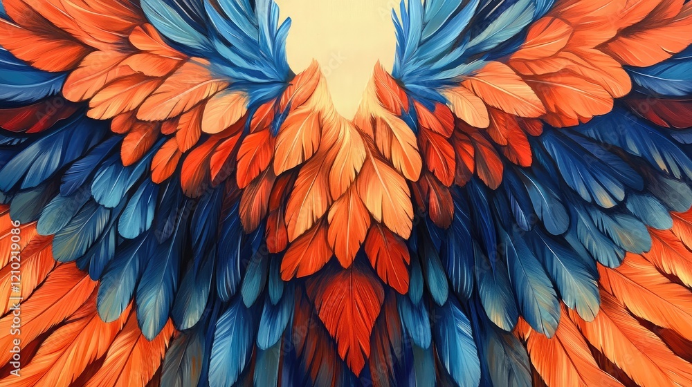 Fototapeta premium A vivid interplay of orange and blue feathers, their edges gently overlapping in a symmetrical close-up.