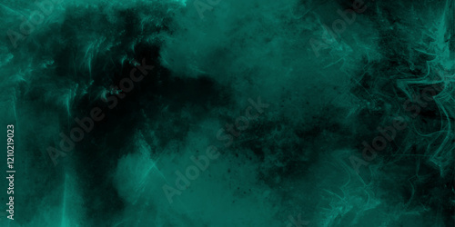 Dark green and watercolor hand painted abstract liquid smoke rising mist or smog brush effect grunge textured green steam on a black background. Mint freeze motion of dust smoke texture on black. 
