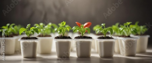 Bell pepper seedling sprouting in a plastic yogurt container, growing seeds, sustainable living