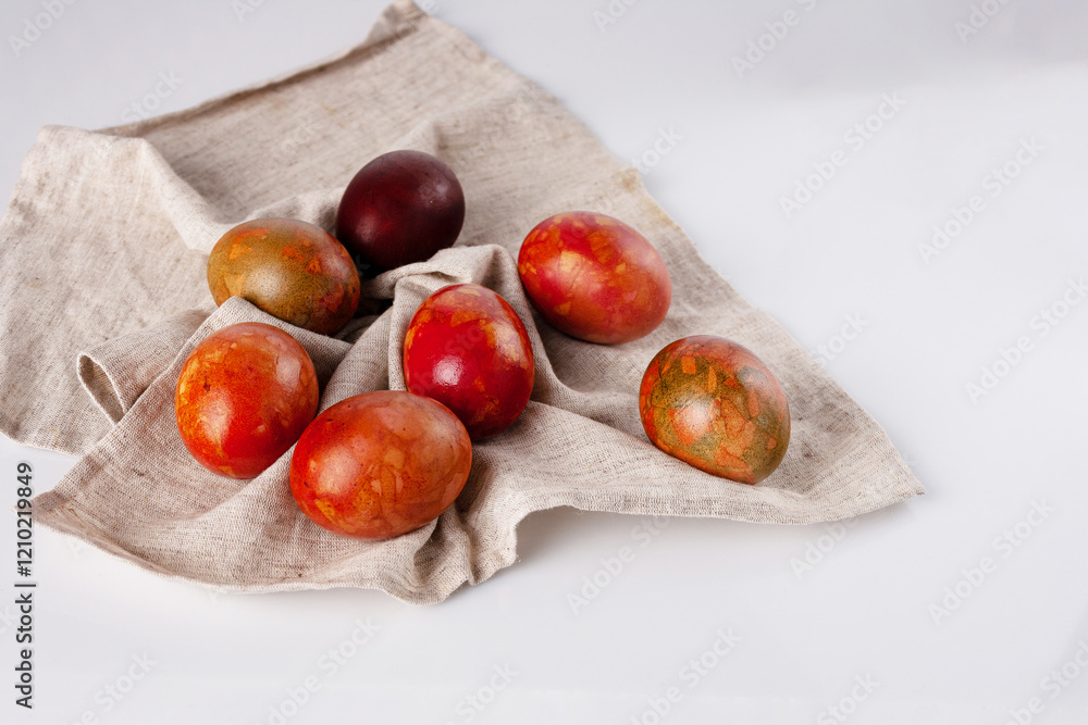 Obraz premium chicken Easter eggs on a linen napkin, copy space
