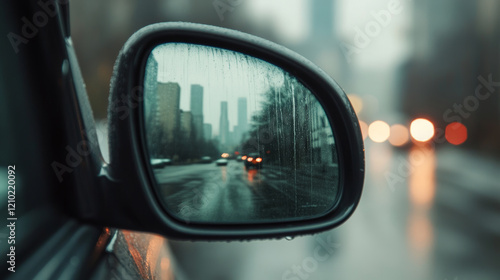 Reflecting urban skyline on a rainy day, wet car side mirror captures a moody atmosphere, enhancing the sense of a cold, gloomy evening