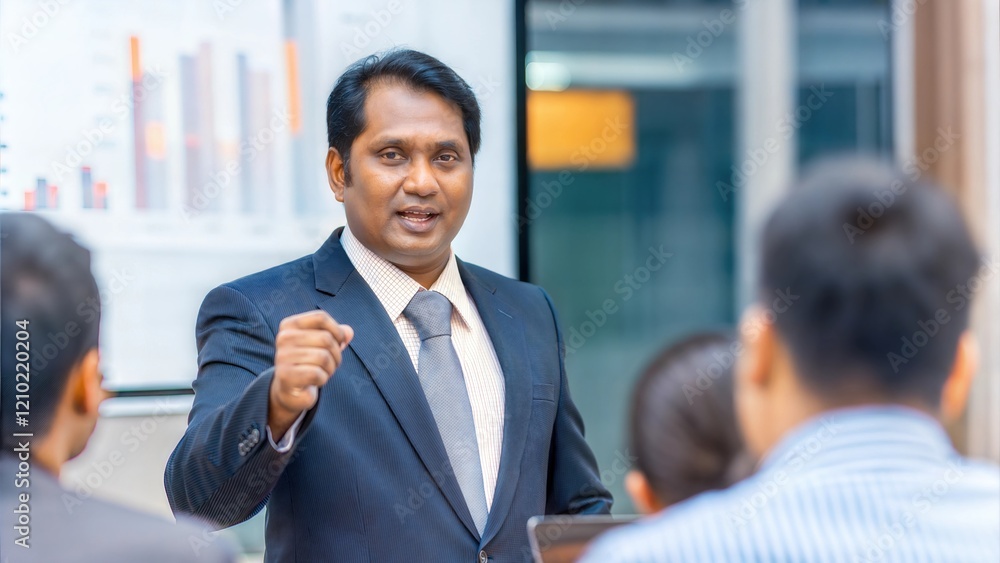 Indian business leader confidently addressing their team.
Indian business leader confidently addressing their team.