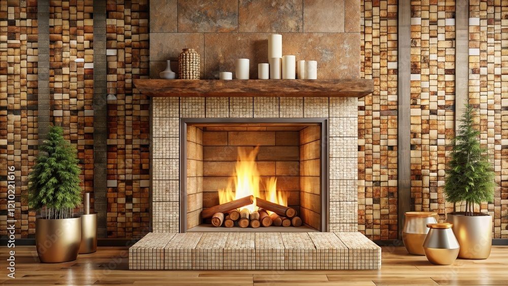 Rustic Fireplace with Warm Lighting and Decorative Accents in a Cozy Room Rustic Fireplace with Warm Lighting and Decorative Accents in a Cozy Room
