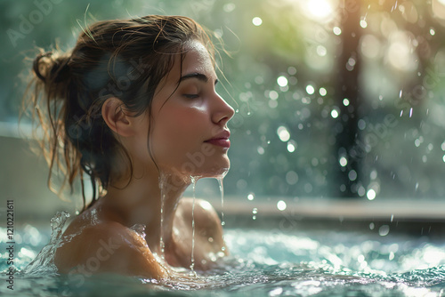 A woman is in a hot tub, enjoying the water