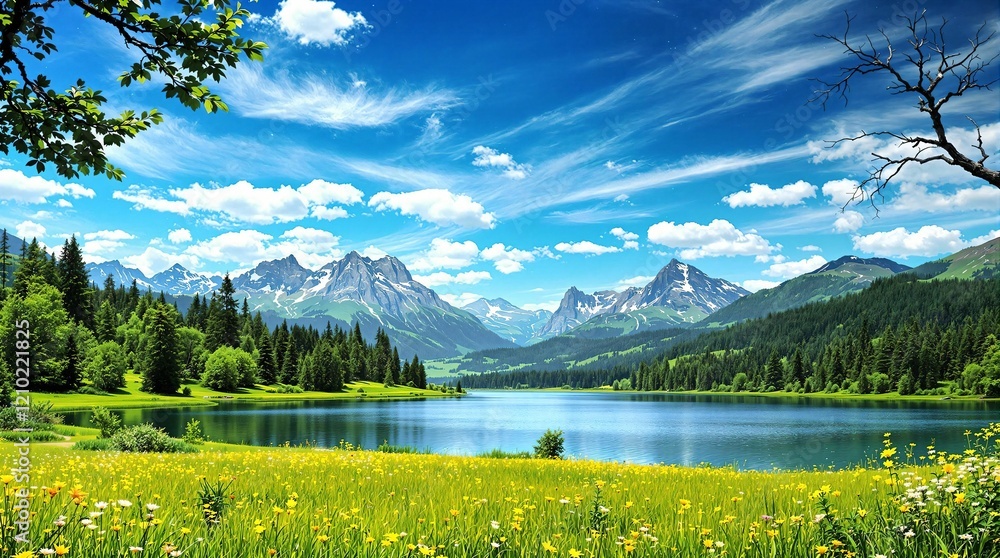 Beautiful landscape with green field and wild tulips under blue cloudy sky. Neural network AI generated art