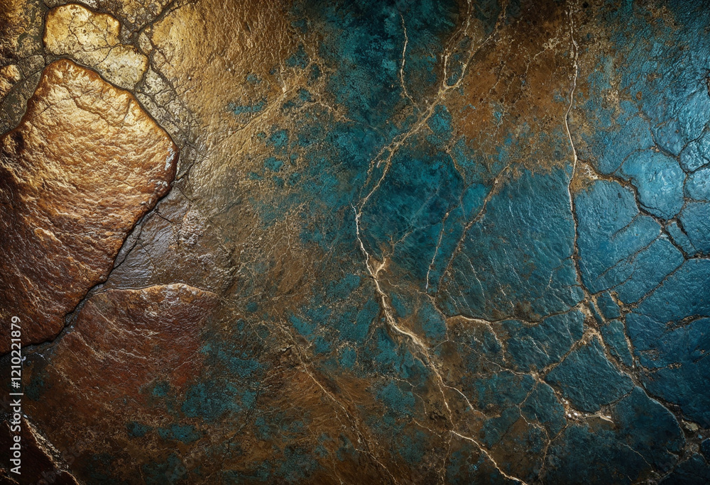 Naklejka premium A luxurious abstract design featuring rich gold cracks and a bold dark blue backdrop, creating a textured metallic aesthetic perfect for premium and modern artistic displays.