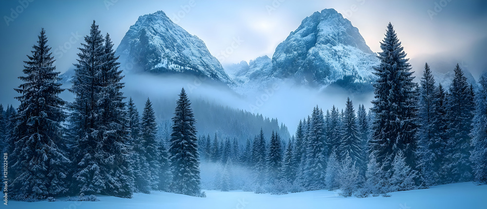 Fototapeta premium Snowy Mountain Forest Winter Sunrise