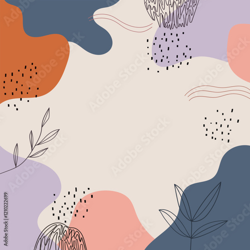 Vector illustration. Abstract composition in pastel colors with contour lines of leaves. The main emphasis is on smoothness of forms and decorative elements.