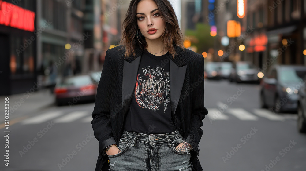 Fototapeta premium A brunette woman in an oversized black blazer, graphic T-shirt, and distressed jeans, standing stylishly on a busy city street