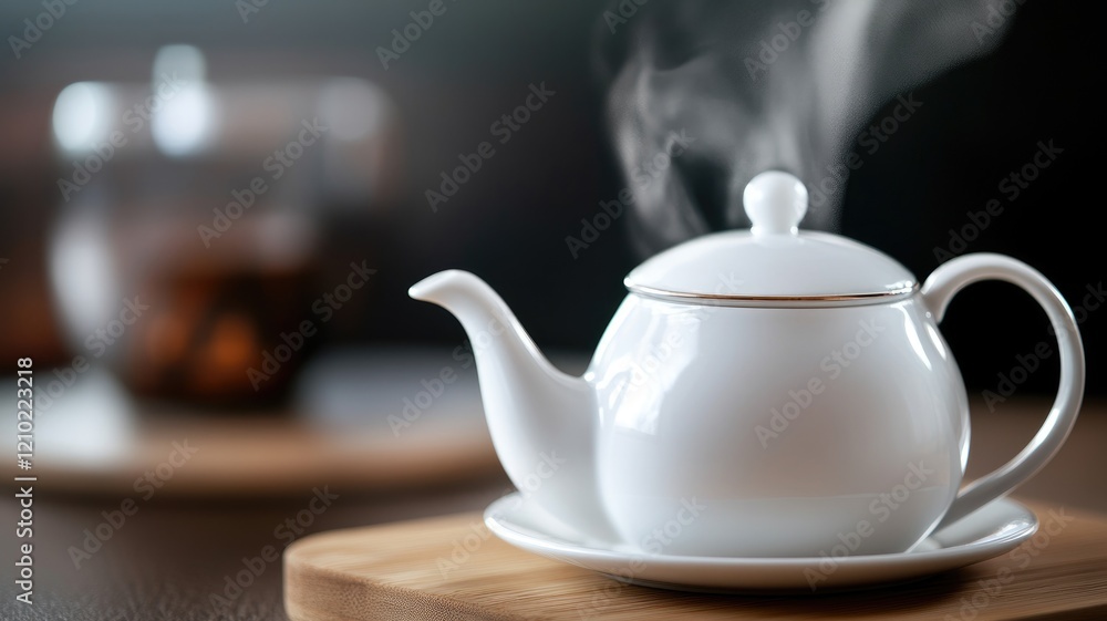 White ceramic teapot with steam on wooden tray White ceramic teapot with steam on wooden tray