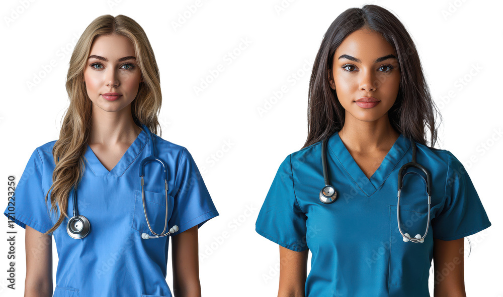 Portrait of Two Diverse Female Doctors in Scrubs with Stethoscopes Healthcare Professionals Portrait of Two Diverse Female Doctors in Scrubs with Stethoscopes Healthcare Professionals