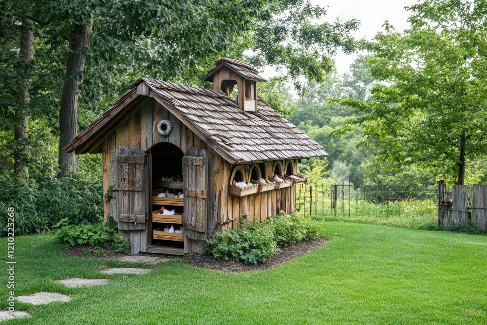 Quaint chicken coop with nesting boxes in a grassy yard. Quaint chicken coop with nesting boxes in a grassy yard.