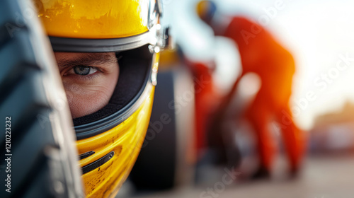 Close-up of focused race car driver wearing yellow helmet checking tires in pit lane with blurred mechanics working in background photo