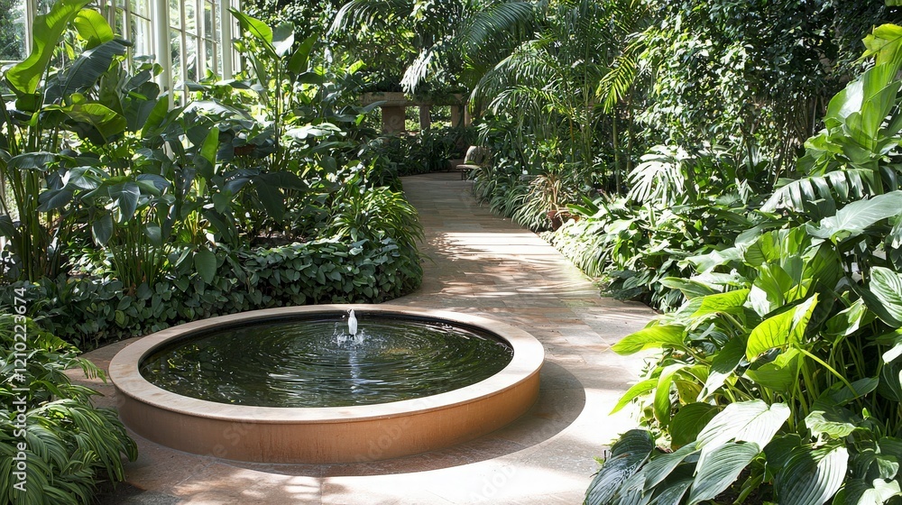 Tranquil Garden Path with Circular Fountain Tranquil Garden Path with Circular Fountain