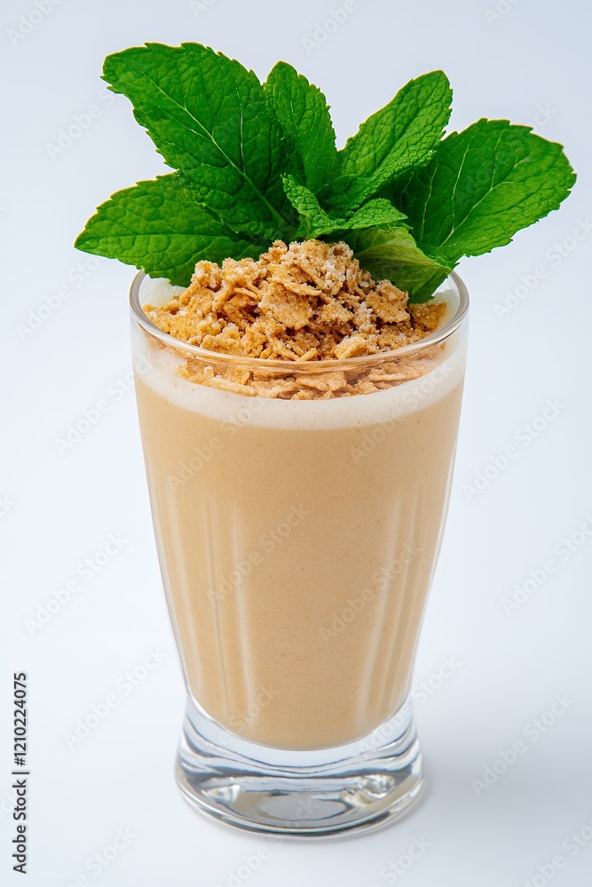 Delicious refreshing smoothie topped with cream and mint leaves in a tall glass on a clean background Delicious refreshing smoothie topped with cream and mint leaves in a tall glass on a clean background