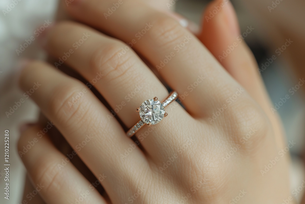 A woman's hand holding a ring with a diamond in the center A woman's hand holding a ring with a diamond in the center