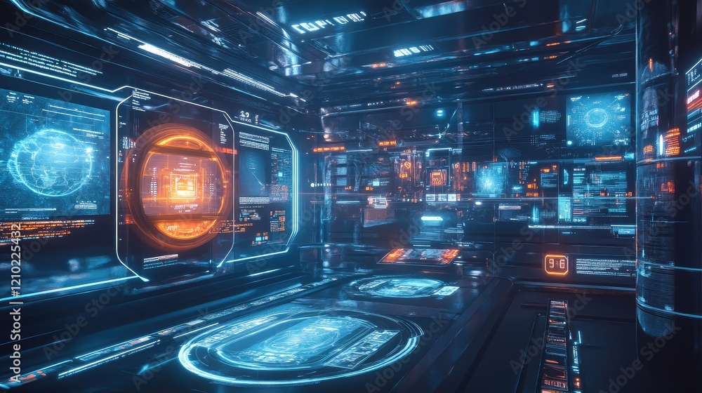 Obraz premium A concept image of a next-gen VR headset surrounded by floating holograms and virtual displays, emphasizing tech innovation. No people.