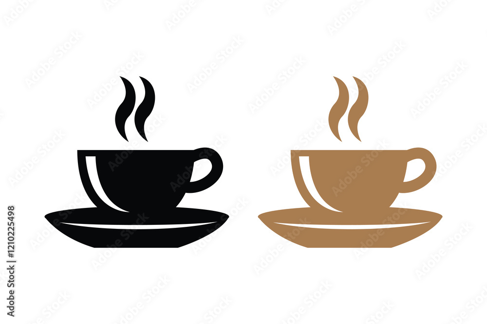 Obraz premium Tea cup, coffee cup silhouettes with white background and color versions vector illustration, Tea and coffee cup set icon, logo isolated on white background