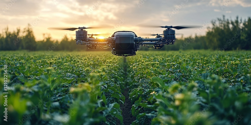 Drone surveys a lush green field during sunset for agricultural monitoring and crop management Drone surveys a lush green field during sunset for agricultural monitoring and crop management