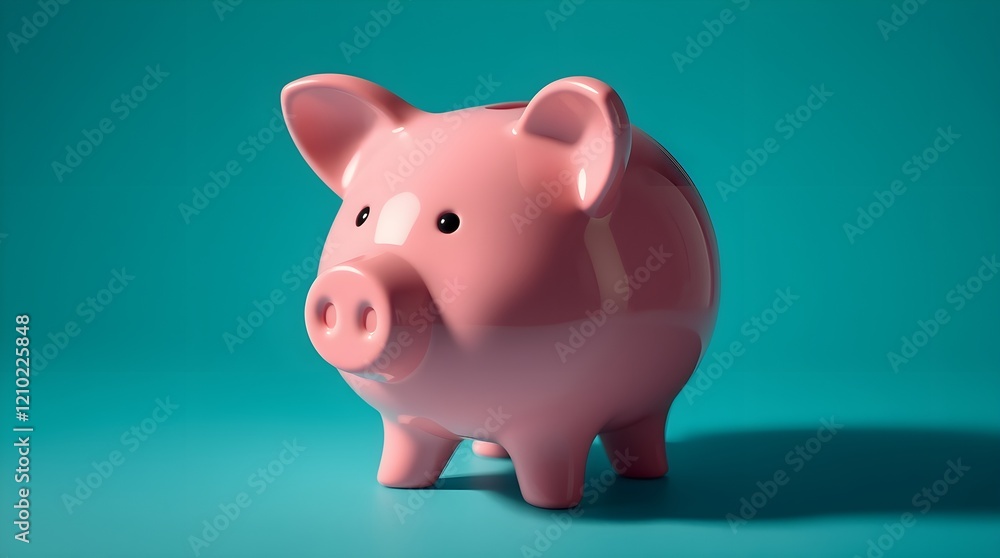 stock photo A pink piggy bank, graceful and elegant with refined features, is shown against a teal background. stock photo A pink piggy bank, graceful and elegant with refined features, is shown against a teal background.