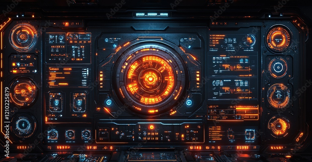 Technological dashboard with orange accents and futuristic interface displaying various metrics and data Technological dashboard with orange accents and futuristic interface displaying various metrics and data